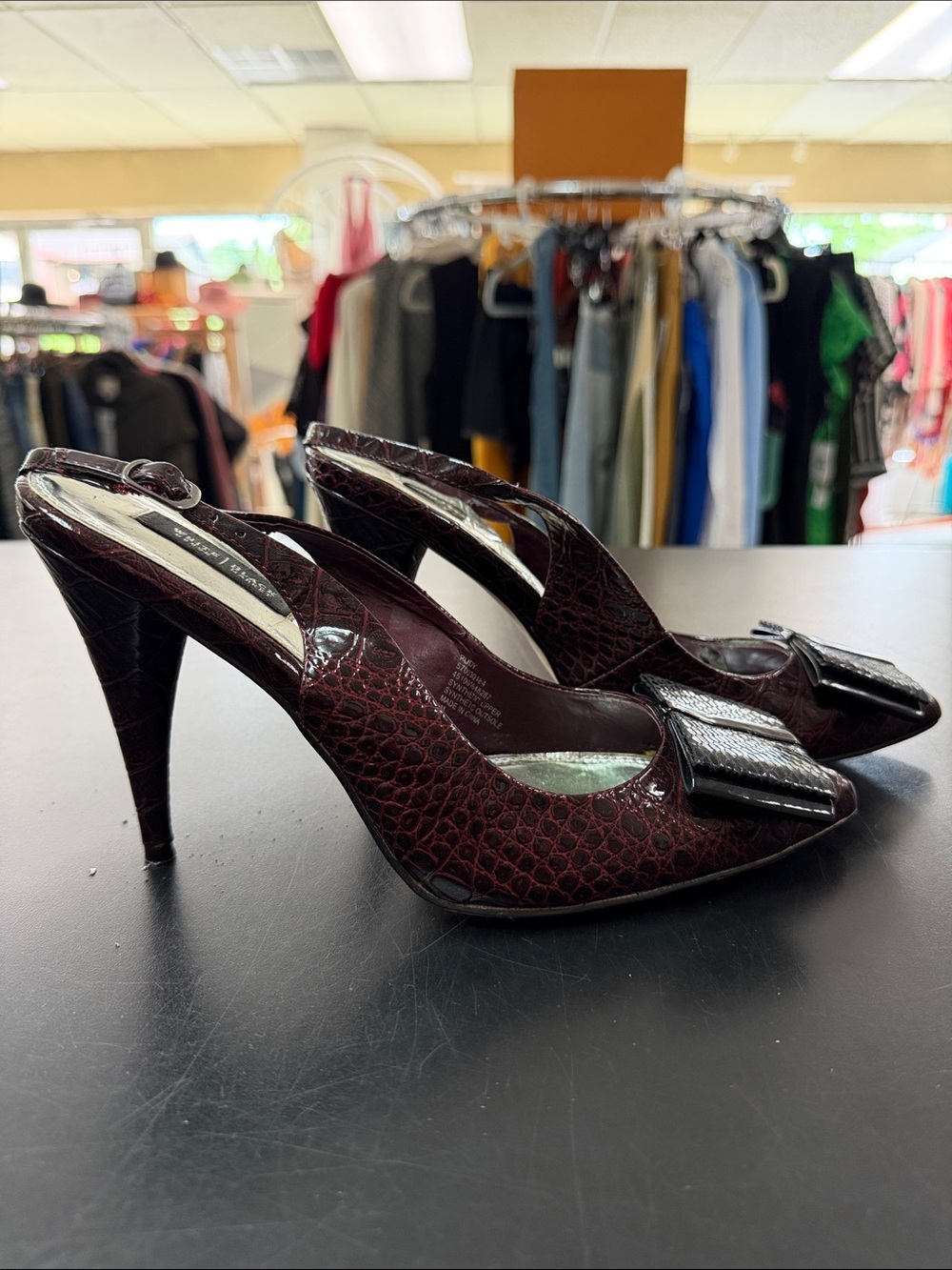 White House Black Market Burgundy Croc-Embossed Slingback Heels with Buckle
